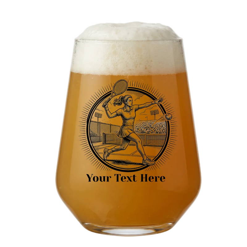 Personalised tennis beer glass gift for coach, female tennis player design with custom text
