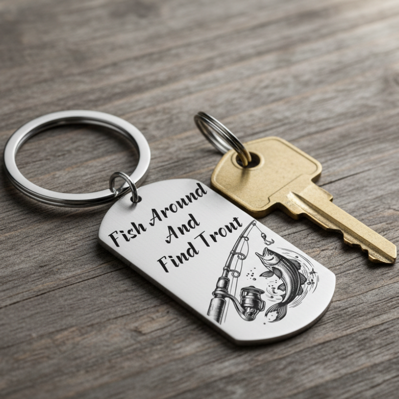 Funny personalised fisherman keyring engraved with fish and fishing rod – Fish Around and Find Trout quote gift