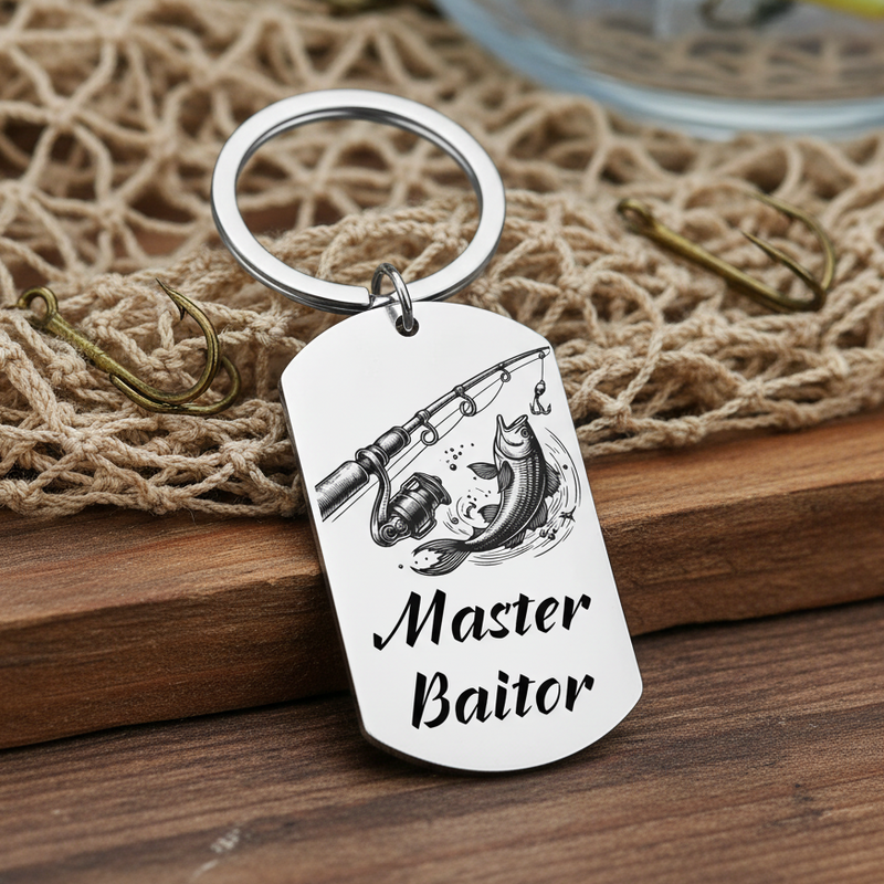 Fisherman design keyring with the text “Master Baitor” and custom engravable back