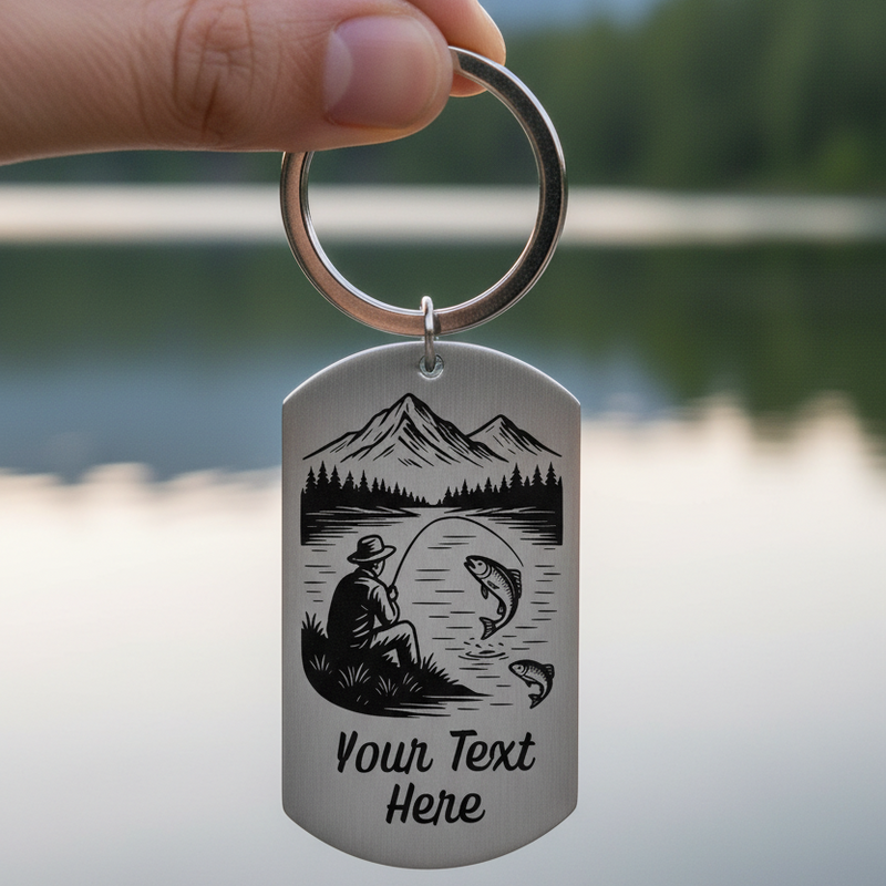 Engraved fisherman keyring with custom name – personalised fishing gift for dad or angler