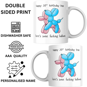 Funny personalised birthday mug showing double sided AAA quality print with balloon dogs, dishwasher safe birthday gift