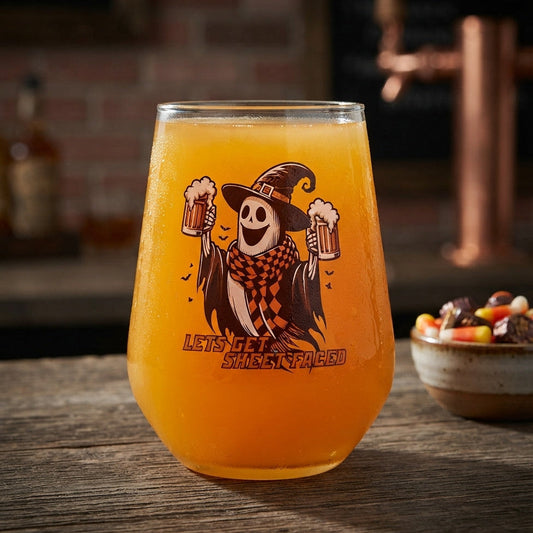 Halloween Ghost Glass – "Let’s Get Sheet Faced" Custom Printed Drinkware First Glass Designs