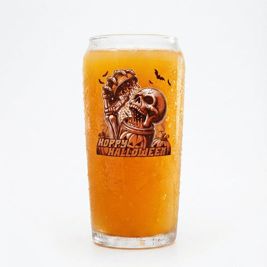 Hoppy Halloween Skull Glass – Custom Printed "Skull Breaking from a Can" Design First Glass Designs