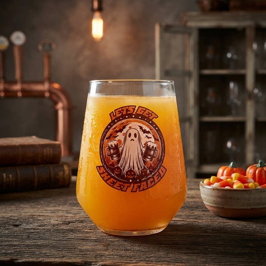 A clear stemless tumbler glass filled with orange beer, placed on a rustic wooden table in a dimly lit bar or pub setting. The front of the glass has a circular Halloween graphic featuring a ghost and the words “Let’s Get Sweet Laced.