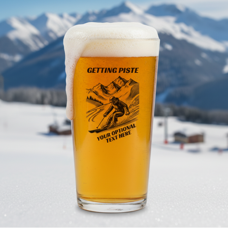 Getting piste funny skiing pint glass with mountain skier illustration and personalised text option