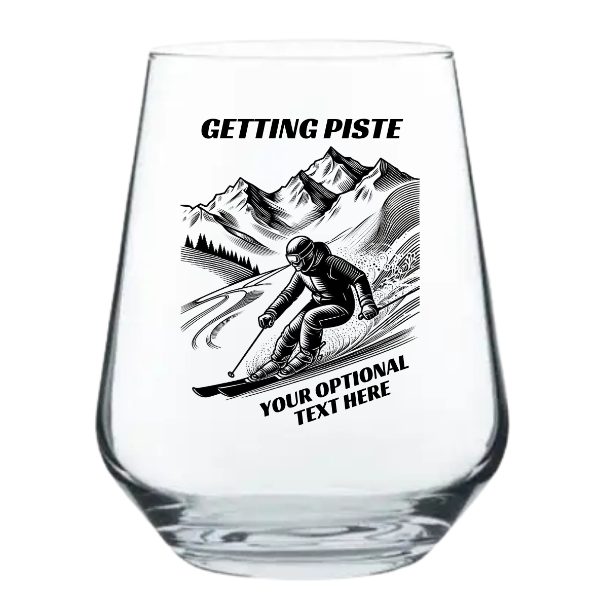 Getting piste funny skiing stemless wine glass with mountain skier design and personalisation option