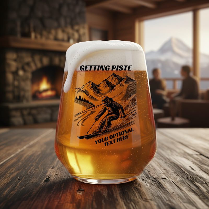 Getting piste funny skiing stemless wine glass with mountain skier design and personalisation option