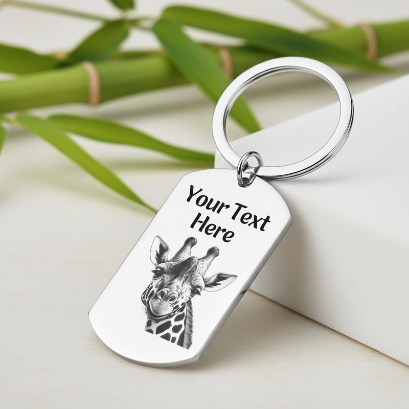 Stainless steel keyring with engraved giraffe design and personalised text