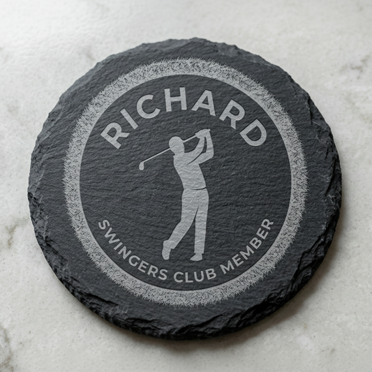 Personalised slate golf coaster laser engraved with name Richard and Swingers Club Member golfer design