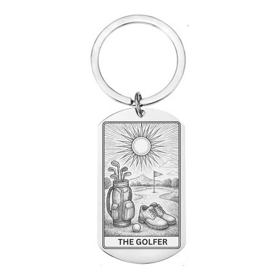Golf-themed keyring featuring “The Golfer” tarot card-style illustration – funny vintage golf gift for golfers and collectors.