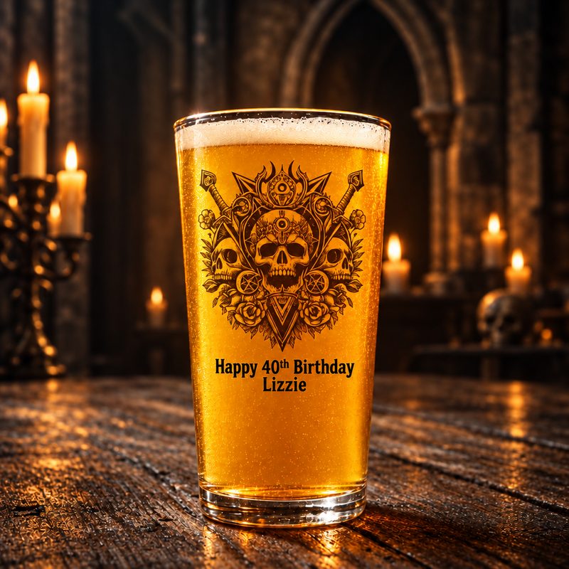 Gothic baroque skull glass custom printed with three skulls, crossed swords and roses, with customisable birthday text