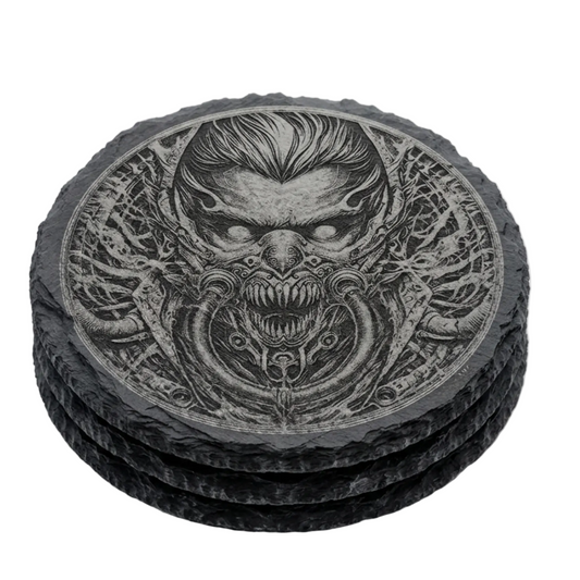 Gothic laser engraved slate coaster with detailed dark demon face design on wooden surface, unique gothic gift for him or her

