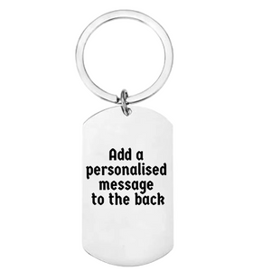 Keychain with text 'Add a personalised message to the back' on a white background