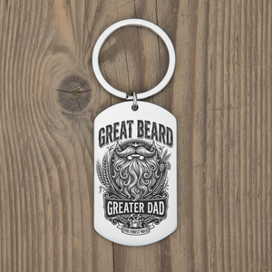 Great Beard Greater Dad personalised stainless steel dog tag keyring showing vintage beard illustration on front, ideal Father's Day gift for bearded dads