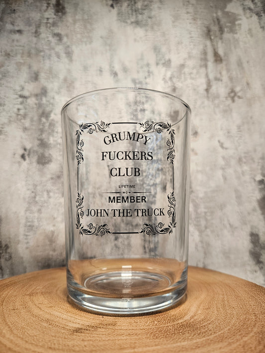Personalised glass with a grumpy fuckers logo option to add your own text