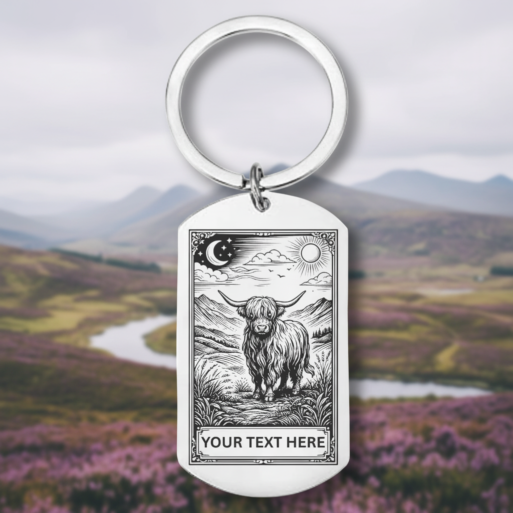 Personalised Highland cow keychain tarot mystic design with custom text – Scottish cattle under moon and sun