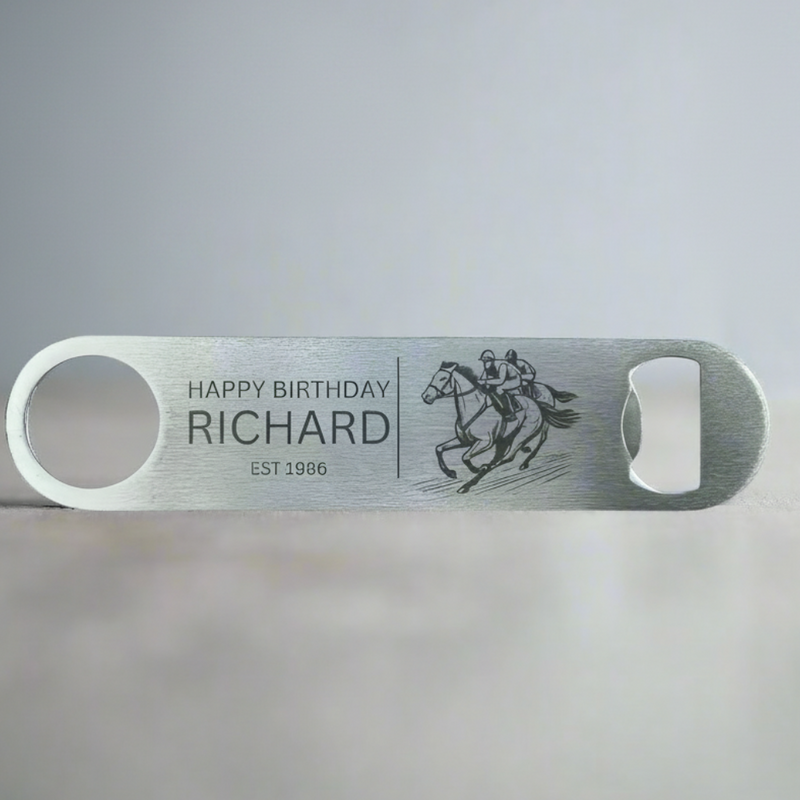 Personalised stainless steel bar blade bottle opener laser engraved with name, birth year and horse racing jockeys design
