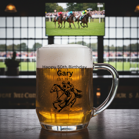 Personalised horse racing Beer Tanakrd glass engraved with custom name and birth year, ideal 60th birthday gift for him