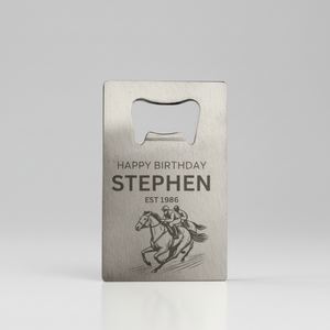 Personalised stainless steel credit card bottle opener laser engraved with name, birth year and horse racing jockeys design
