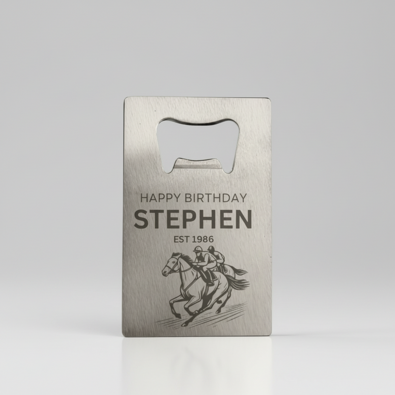 Personalised stainless steel credit card bottle opener laser engraved with name, birth year and horse racing jockeys design
