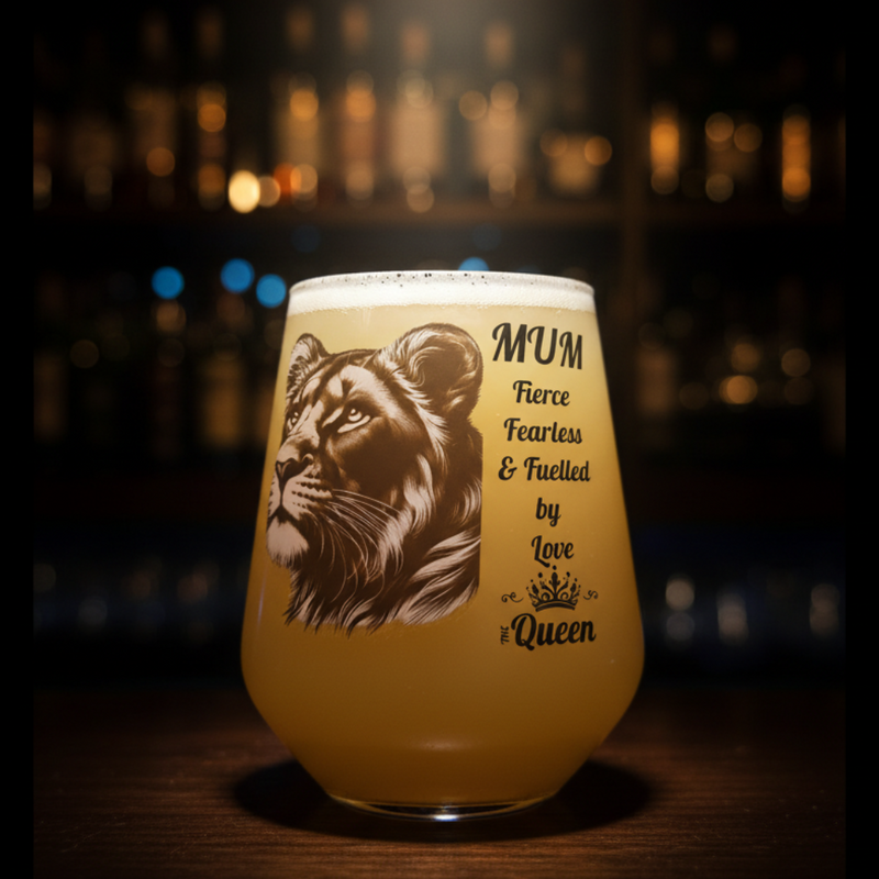 Lioness Glass For Mum, Fierce, Fearless and Fulled by Love, The Queen, Mothers Day Gift, Wine, Gin, Spirits Glass, Birthday Gift For Mum FirstGlassDesigns
