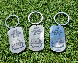 Live Laugh Toaster Bath Stainless Steel Keyring – Laser Engraved Dark Humour Keychain with Skeleton in Bathtub – Funny Goth Gift, Emo Aesthetic Accessory