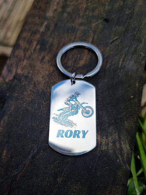 Personalised Motocross MX Keyring – Custom Stainless Steel Keychain with Motocross Rider Design – Add Name & Message on Back – Gift for Dirt Bike Riders & Fans FirstGlassDesigns