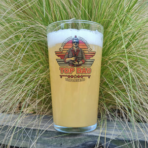 Top Dad personalised pint glass filled with beer — Top Gun inspired printed beer glass gift for dad by First Class Designs