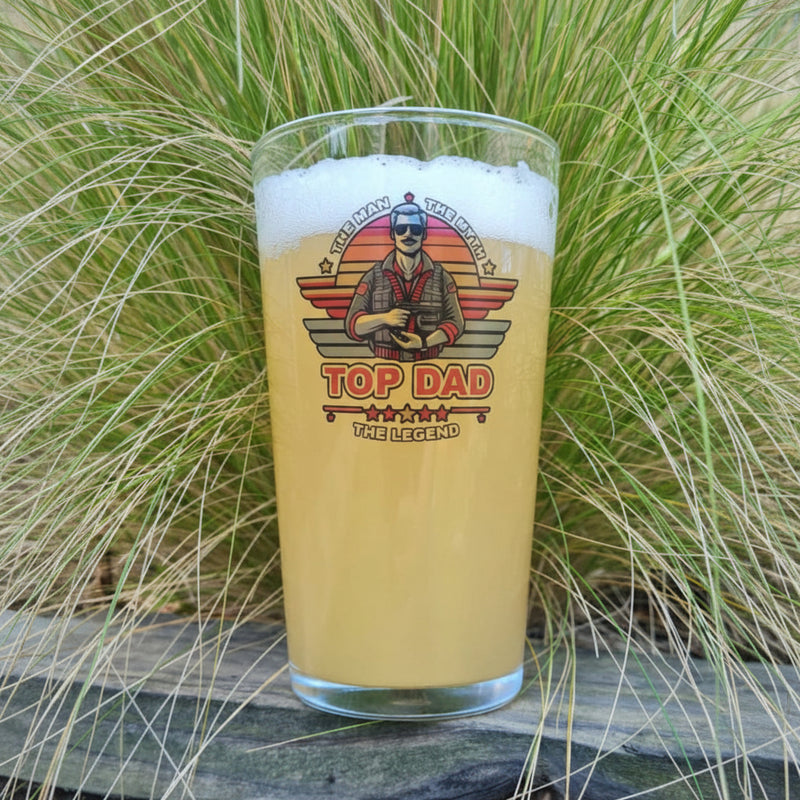 Top Dad personalised pint glass filled with beer — Top Gun inspired printed beer glass gift for dad by First Class Designs