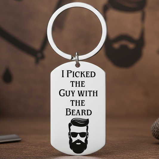 Personalised keychain engraved with “I Picked The Guy With The Beard,” custom couples gift, funny gift for him, anniversary gift, birthday gift, Valentine’s gift, beard lover accessory.