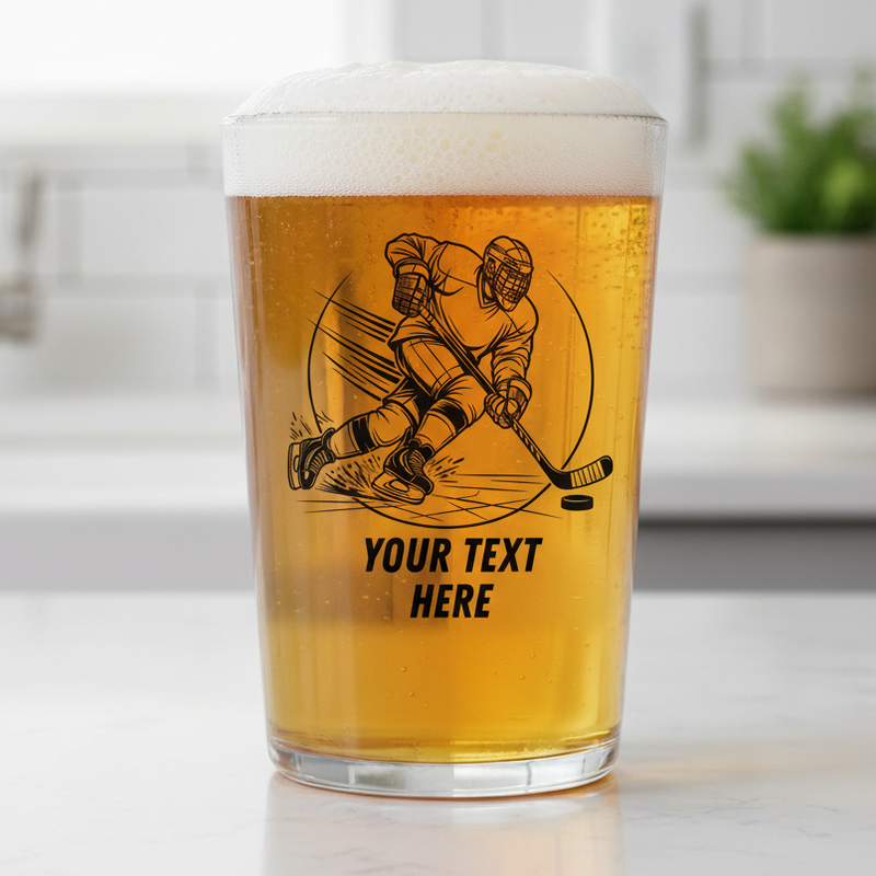 Personalised beer glass with ink printed ice hockey player design and custom name text.