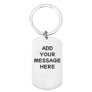 White keychain with 'Add your message here' text on a white background