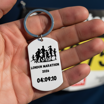 Personalised laser engraved marathon keyring with custom race name and finish time