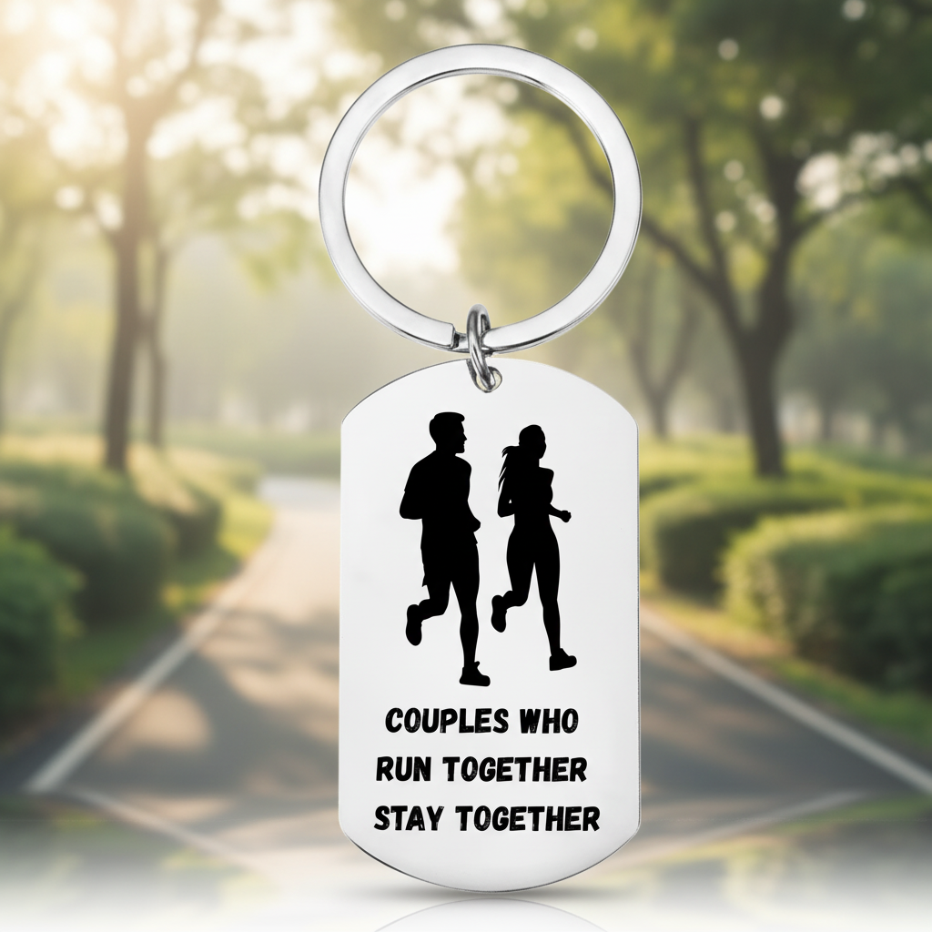 Couples who run together stay together keyring with silhouette of couple running, laser engraved on bamboo