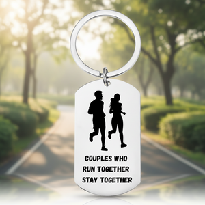 Couples who run together stay together keyring with silhouette of couple running, laser engraved on bamboo