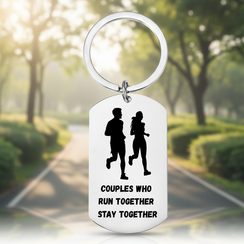 Couples who run together stay together keyring with silhouette of couple running, laser engraved on bamboo