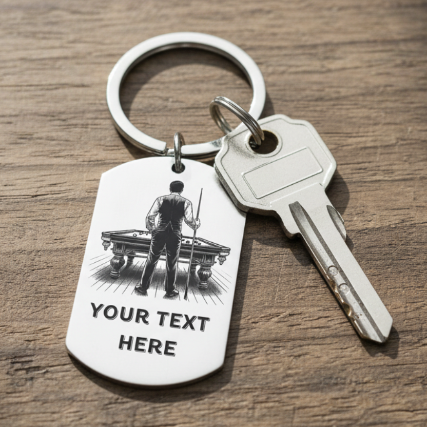 Personalised snooker or pool player keyring with custom text on the front