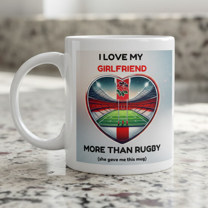 I Love My Girlfriend More Than Rugby mug funny England rugby gift heart Red Rose stadium