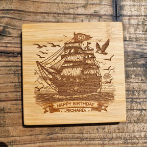 Personalised rum glass and engraved bamboo coaster gift set — nautical themed birthday gift for him