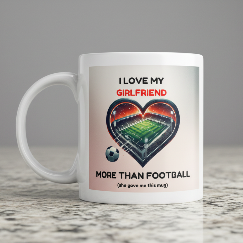 "Funny football mug with text I love my girlfriend more than football she gave me this mug, white ceramic coffee mug with heart shaped soccer stadium design"