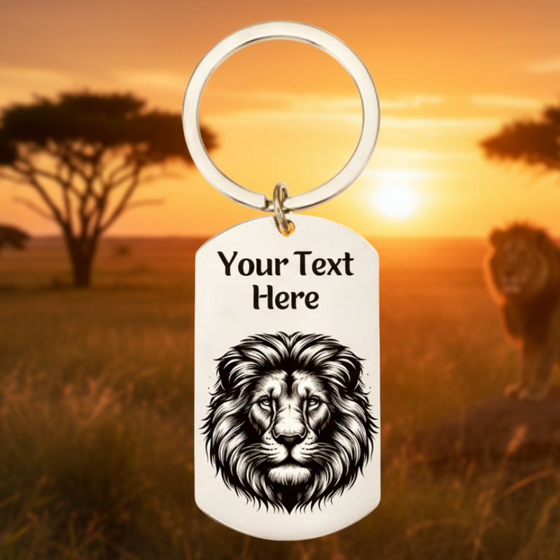 Stainless steel keyring with a lion or lioness design and personalised engraved text on the front and back.