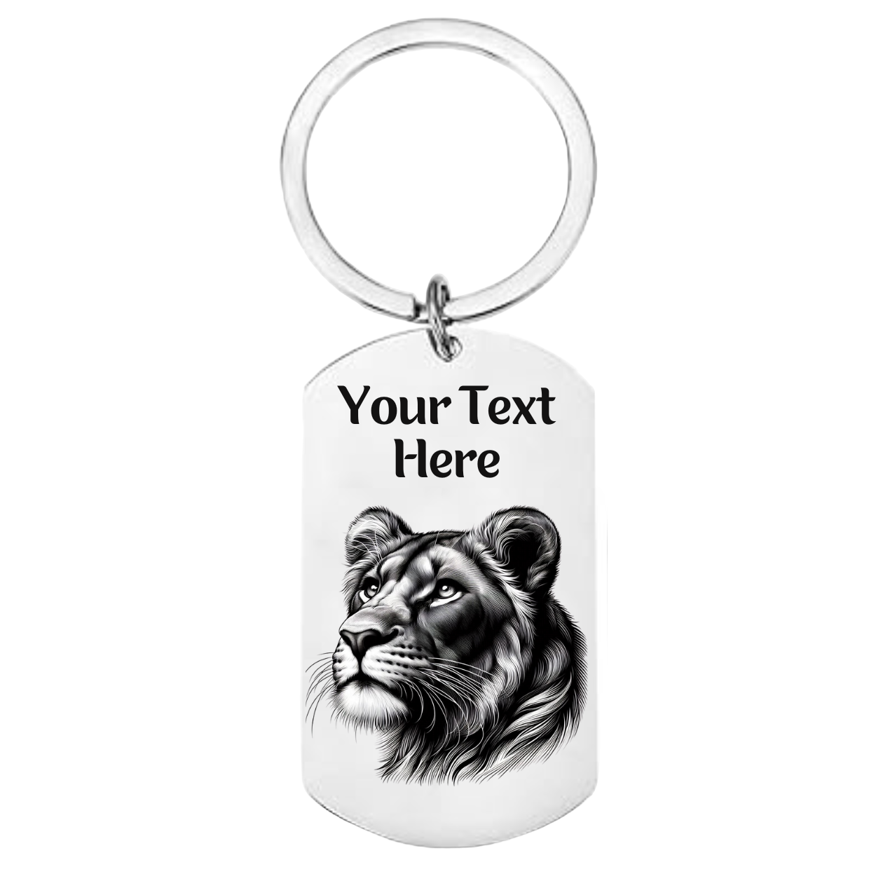 Stainless steel keyring with a lion or lioness design and personalised engraved text on the front and back.