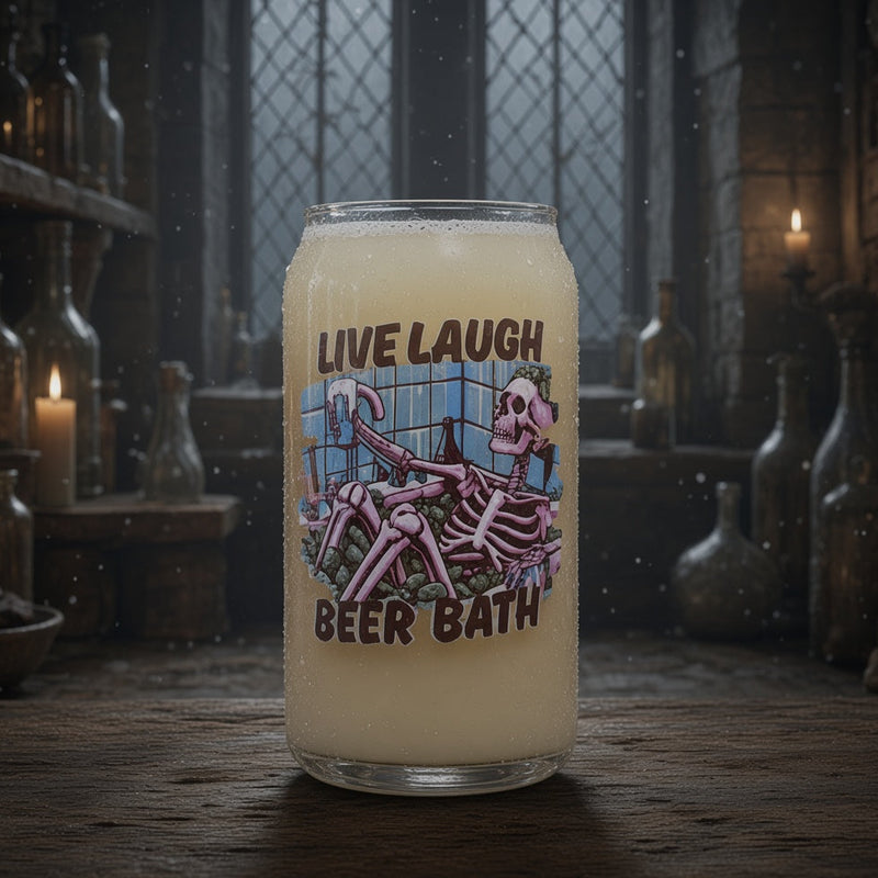 Live Laugh Beer Bath skeleton beer glass, custom printed with skeleton relaxing in a beer bath design