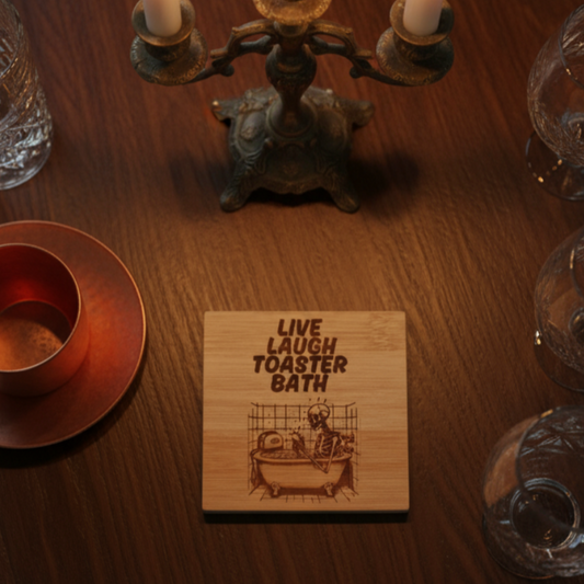 Live Laugh Toaster Bath Bamboo Coaster – Laser Engraved Dark Humor Coaster with Skeleton in Bathtub – Funny Goth Gift, Emo Decor, Sarcastic Drink Coaster First Glass Designs