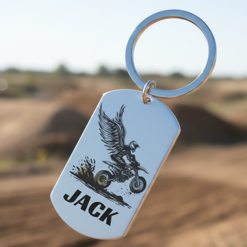 Personalised motocross keyring with angel wings design – biker or motocross gift with custom name engraving.