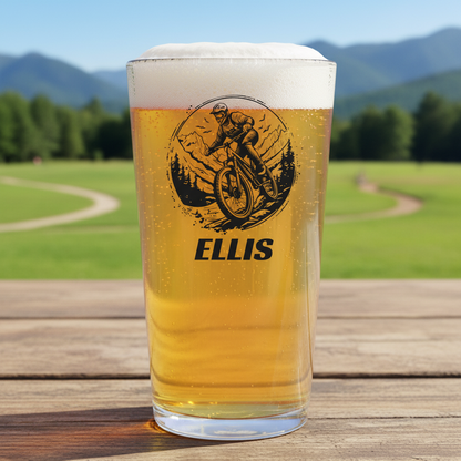 Beer glass with a printed mountain biker design