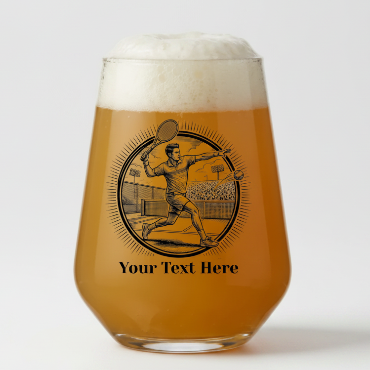Personalised tennis gift for dad, stemless beer glass with male tennis player design