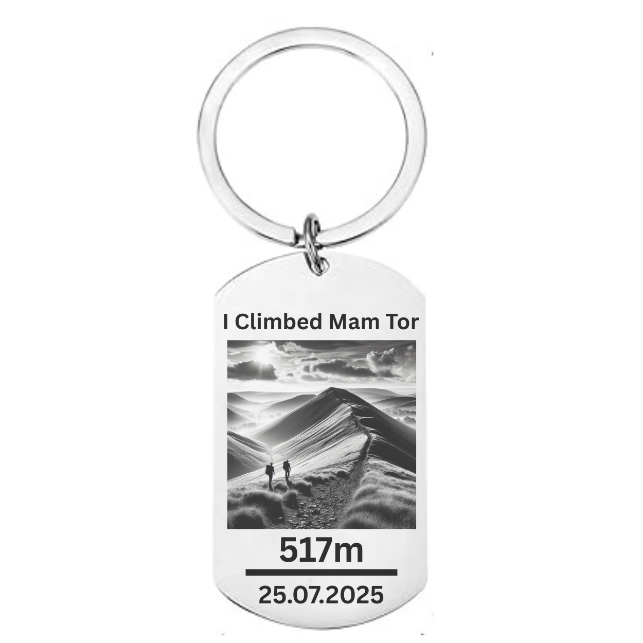 Engraved metal keyring with the text “I Climbed Mam Tor” – Peak District hiking souvenir and gift for walkers and adventurers.