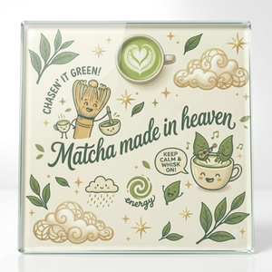 Matcha made in heaven glass coaster with kawaii tea leaves, whisk and matcha latte design, 10x10cm cork backed