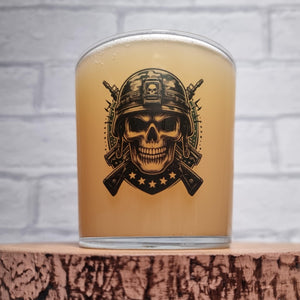 Military skull tumbler glass — army helmet and crossed rifles illustration detai